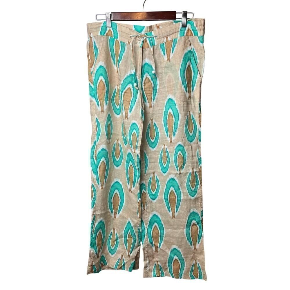Nimo with Love Ikat Tan Turquoise Linen Pants Sz. S